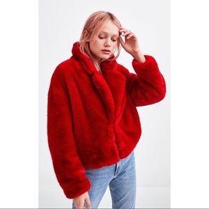 zara red fur jacket